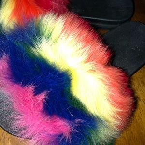 Rainbow Faux Fur Slides [Size 9]
